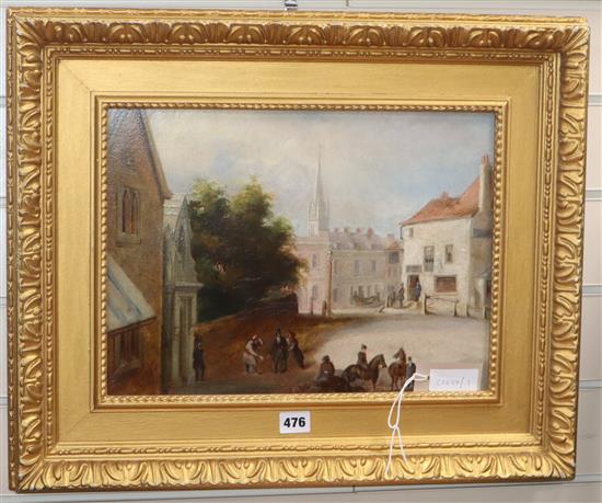 Victorian School, oil on board, Figures in a town square, 28 x 39cm